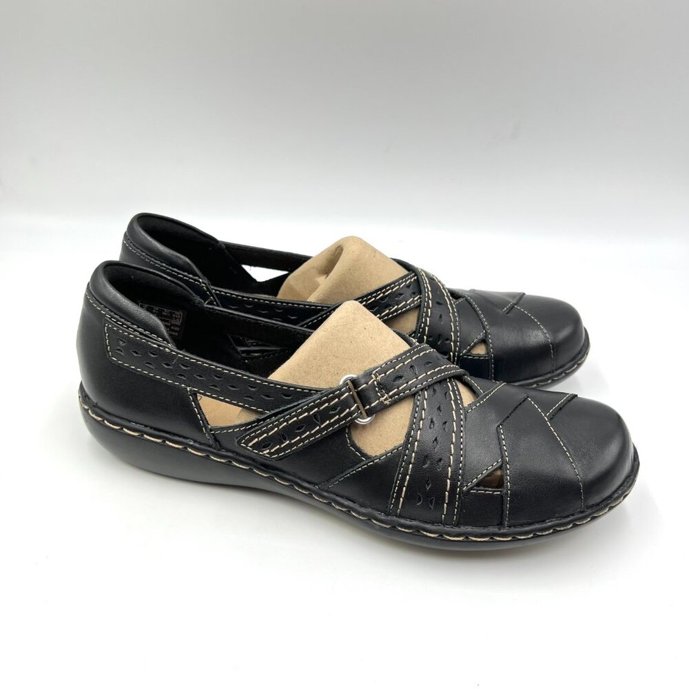 8.5N 8.5 NARROW WIDTH Clarks‎ Ashland Spin Q Black Leather Flats Loafers Shoes